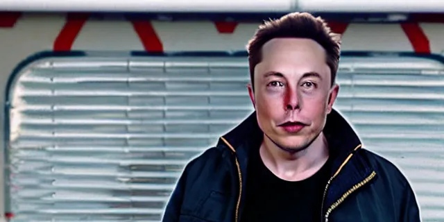 Prompt: full distant shot of balding elon musk in a tracksuit drinking beer in dirty cheap old trailer, by ken loach