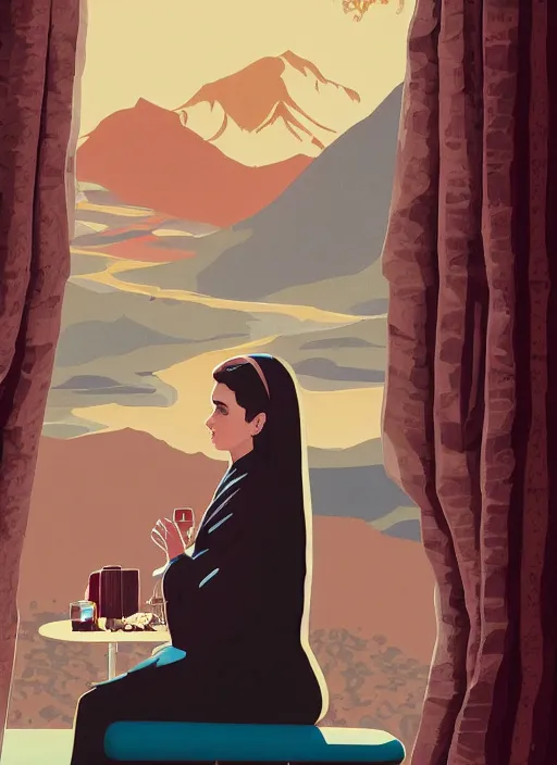 Prompt: Twin Peaks travel poster artwork by Olly Moss, Michael Whelan and Tomer Hanuka, Rendering of Emma Watson dressed a nun sitting at a diner booth, full of details, by Makoto Shinkai and thomas kinkade, Matte painting, trending on artstation and unreal engine