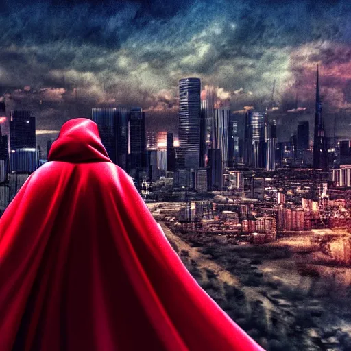 Image similar to a man in a long red cloak standing on the edge of the building looking at the city scape, synthwave digital art