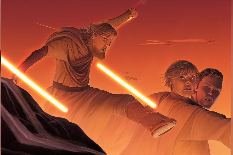 Prompt: Anakin vs Obi-Wan on Mustafar, art by Ralph McQuarrie