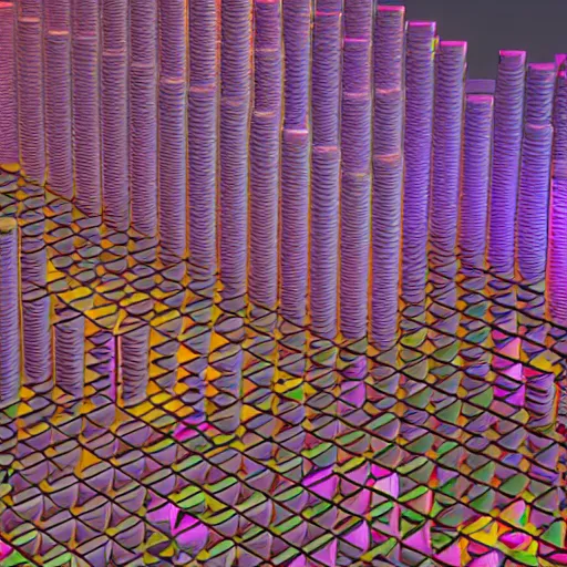 Prompt: a landscape of vertical hexagonal cylinders stretching to infinity, vaporwave, neon, raytraced, shiny, detailed, 4k