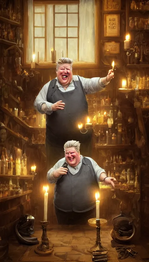 Image similar to david lynch as fat drunk tavern owner, apron, laughing, candles, fame of thrones, warhammer, fibonacci, sweat drops, intricate fashion clothing, insane, intricate, highly detailed, surrealistic, digital painting, artstation, concept art, smooth, sharp focus, illustration, unreal engine 5, 8 k, art by artgerm and greg rutkowski and alphonse mucha