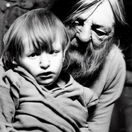 Image similar to robert wyatt cradling a goblin like a baby, photograph