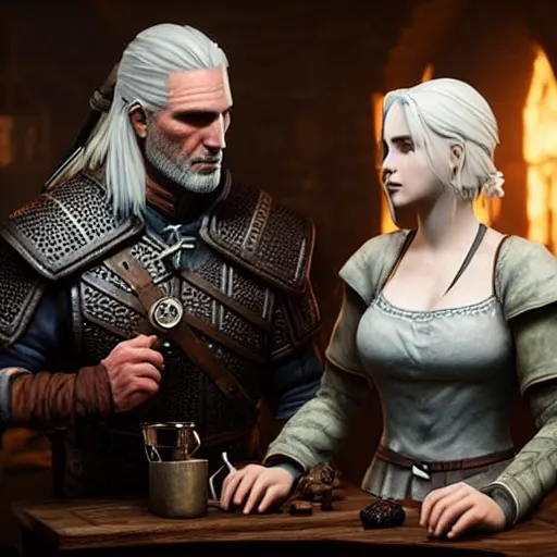 Image similar to geralt of rivia teaching ciri how to make potions in an alchemy lab, stunning 3 d render, perfect facial symmetry, flesh texture, realistic, highly detailed attributes and atmosphere, dim volumetric cinematic lighting, 8 k octane detailed render, post - processing, masterpiece, rtx on, rendering on unreal engine