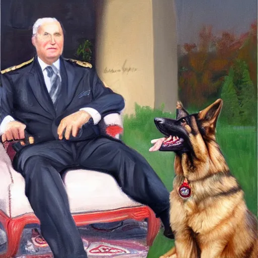 Image similar to an oil painting of a 6 4 years old man as the king of canada, and a german shepherd sitting on his legs