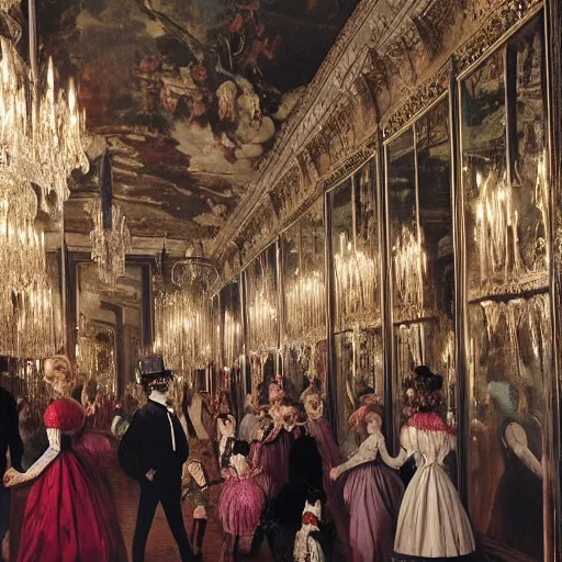 Prompt: a Victorian style party in the hall of mirrors