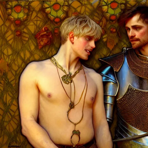 Image similar to attractive arthur pendragon and his attractive male knight, they are in love, natural lighting, path traced, highly detailed, high quality, digital painting, by gaston bussiere, craig mullins, alphonse mucha j. c. leyendecker