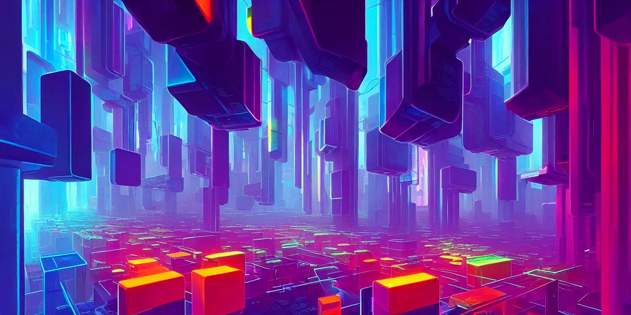 Image similar to a cyberpunk colorful cubes interconnected with glowing tubes, giant tubes connecting separate blocks, blockchain, symmetry, intricate, volumetric lighting, beautiful, rich deep colors masterpiece, sharp focus, ultra detailed, in the style of john harris