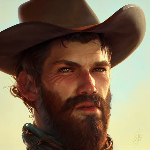 Prompt: rugged male cowboy, painted fantasy character portrait, highly detailed, digital painting, artstation, concept art, sharp focus, illustration, art by artgerm and greg rutkowski and alphonse mucha