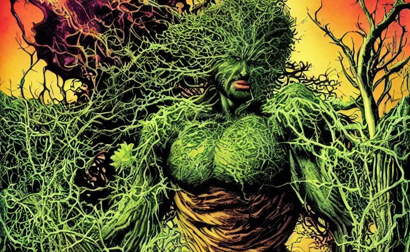 Image similar to a gorgeous hyper detailed semi symmetrical splash page DC comics color illustration of Swamp Thing going into the green having a transcendent psychedelic experience communicating with the elemental gods by John Totleben