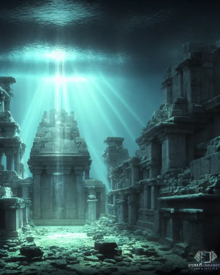Image similar to full color, wide shot of submerged pre - incan temple, dark, underwater, symmetrical, crepuscular rays, bubbles, abyss, grenada underwater sculpture park, anime style mixed with fujifilm, very dark, murky, foggy, atmospheric, artstation, cgsociety, octane render, cgi, unreal engine 5, denoise, detailed, cinematic masterpiece