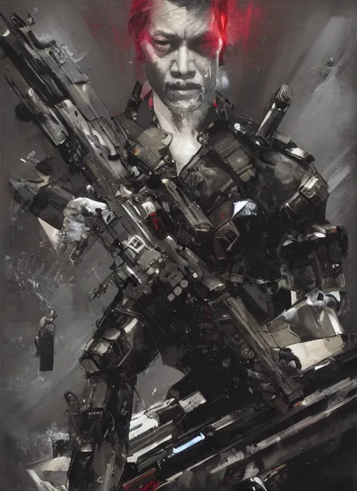 Image similar to BongBong Marcos wearing metal gear armor holding a shotgun dramatic lighting art by Yoji Shinkawa by Richard Schmid by greg rutkowski by Sandra Chevrier by Jeremy Lipking cinematic dramatic