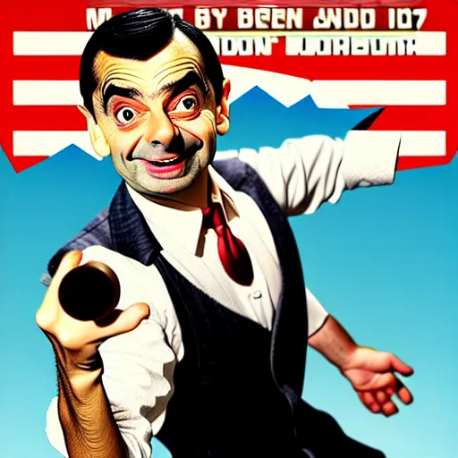 Prompt: mr. bean as a male pinup. male pin - up poster.