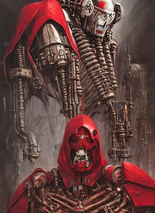 Image similar to portrait of adeptus mechanicus in red hood and robe and rotten flash head from Warhammer 40000. Highly detailed, artstation, illustration by and John Blanche and zdislav beksinski and wayne barlowe