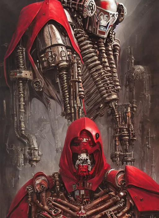 Prompt: portrait of adeptus mechanicus in red hood and robe and rotten flash head from Warhammer 40000. Highly detailed, artstation, illustration by and John Blanche and zdislav beksinski and wayne barlowe