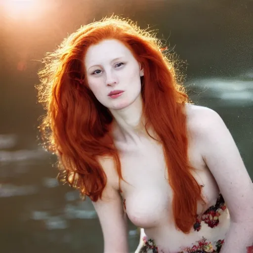 Image similar to Fine art photo of the most beautiful woman, she is redhead, she is posing while maintain a sweet eye contact to the camera, she has a crown of flowers, she has perfect white teeths, she is walking on a river, she is getting ulluminated by the rays of the sunset, the photo was taking by Annie Leibovitz, Ellie Victoria Gale, Steve McCurry, matte painting, oil painting, naturalism, 4k, 8k