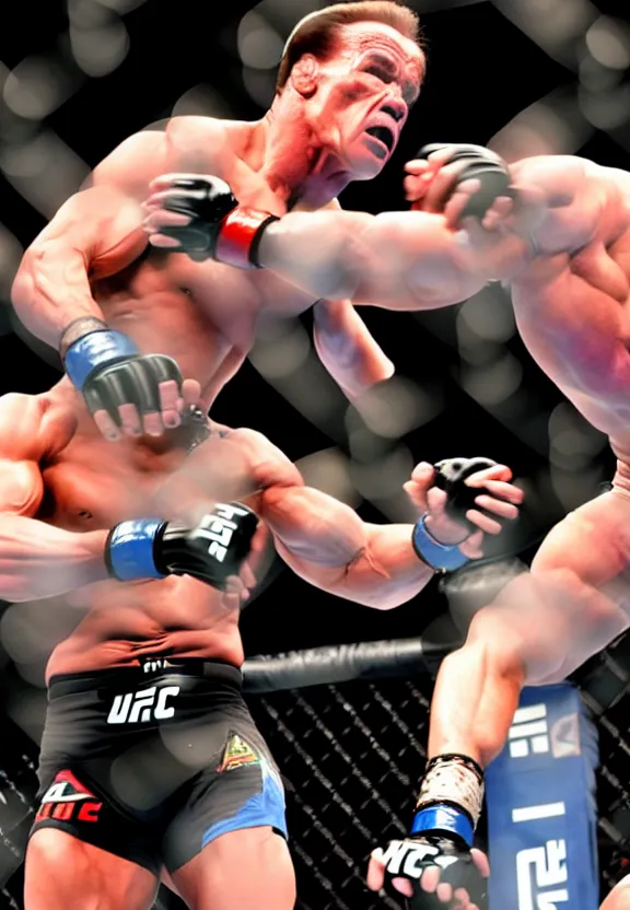 Image similar to streaming still of arnold schwarzenegger fighting in the ufc, punching the opponent