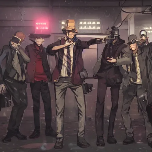 Prompt: 8 mafia members standing in a darkly lit alley way with tommy guns and bags of money on the floor, cinematic, dynamic lighting, cool, raining, photorealistic, stunning, detailed, anime artstyle