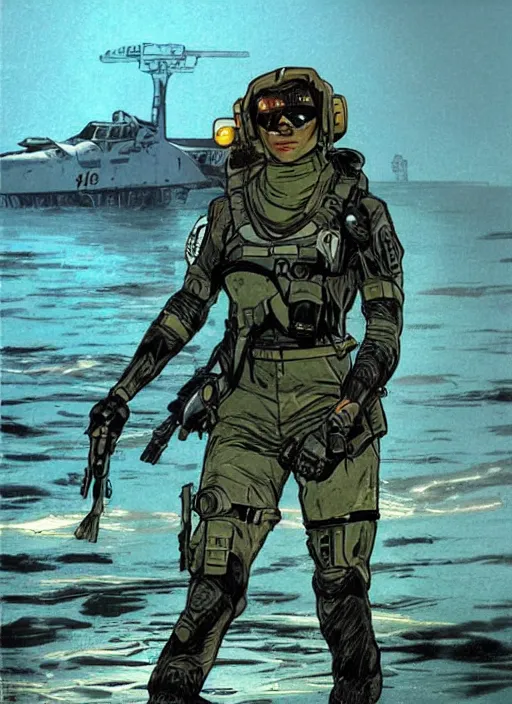 Image similar to Sonya. USN blackops operator emerging from water at the shoreline. Agent wearing Futuristic stealth suit and looking at an abandoned shipyard. rb6s, MGS, and splinter cell Concept art by James Gurney, Alphonso Mucha. Vivid color scheme.