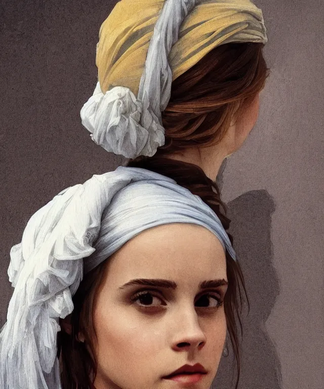 Image similar to Emma Watson as the girl with the pearl earring, highly detailed, digital painting, artstation, concept art, smooth, sharp focus, illustration, ArtStation, art by artgerm and greg rutkowski and alphonse mucha and J. C. Leyendecker and Edmund Blair Leighton and Katsuhiro Otomo and Geof Darrow and Phil hale and Ashley wood and Ilya repin and Charlie Bowater