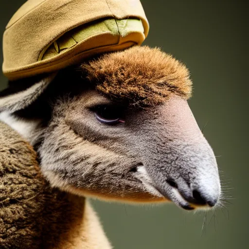 Image similar to a photo of a buff kangaroo wearing a safari hat and vest, studio photography, 8 k