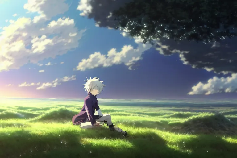 Image similar to a vast scene, panorama distant view, anime art full body portrait character concept art, hyper detailed scene render of a boy and a white lion, anime key visual of violet evergarden, finely detailed perfect face delicate features directed gaze, in the white clouds fairyland, trending on pixiv fanbox, violet evergarden, studio ghibli, james jean, extremely high quality artwork