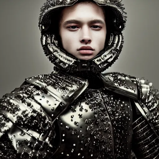 Prompt: a portrait of a beautiful young male wearing an alexander mcqueen armor made of cosmic dust , photographed by andrew thomas huang, artistic