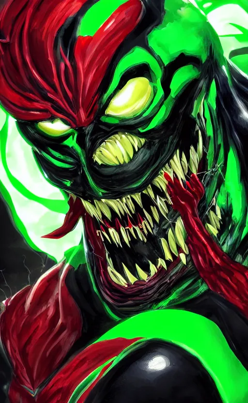 Image similar to portrait of venom as the green goblin, black and red, dynamic lighting, cinematic, ultra detailed, trending on art station, stunning visuals, creative, fantasy concept art