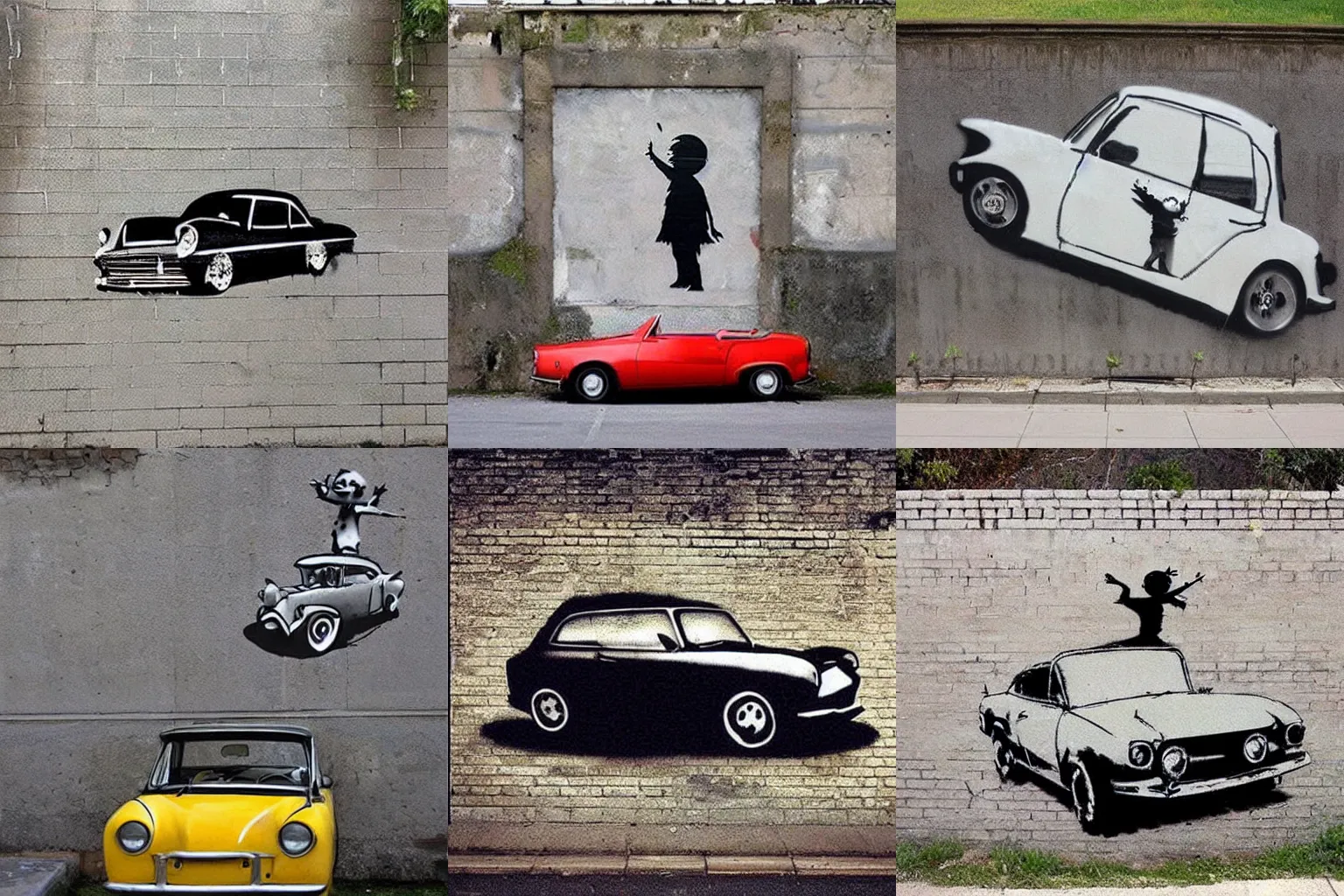 Prompt: beautiful artistic minimalistic vintage car street wall art by banksy