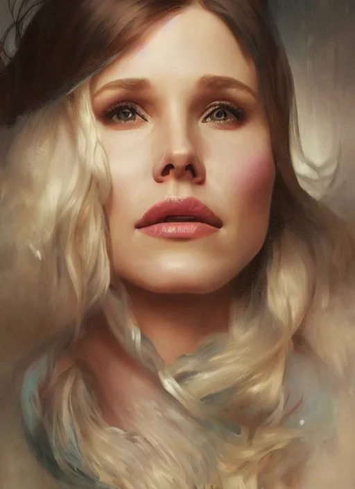 Image similar to beautiful portrait of 7 5 kg kristen bell, soft features, by magali villeneuve and greg rutkowski and artgerm and alphonse mucha and jeremy lipkin and rob hay, intricate, elegant, highly detailed, photorealistic, trending on artstation, trending on cgsociety, 8 k, sharp focus