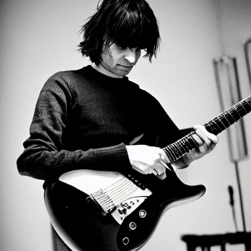 Image similar to Jonny Greenwood playing a guitar in a black and white photo, a black and white photo by Colin Greenwood, featured on tumblr, toyism, groovy, psychedelic, ilya kuvshinov