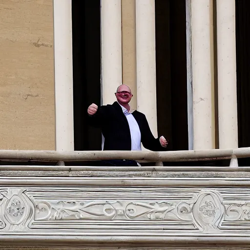 Prompt: Andrew Gilding giving a thumbs up to thousands of fans from the balcony of the Vatican