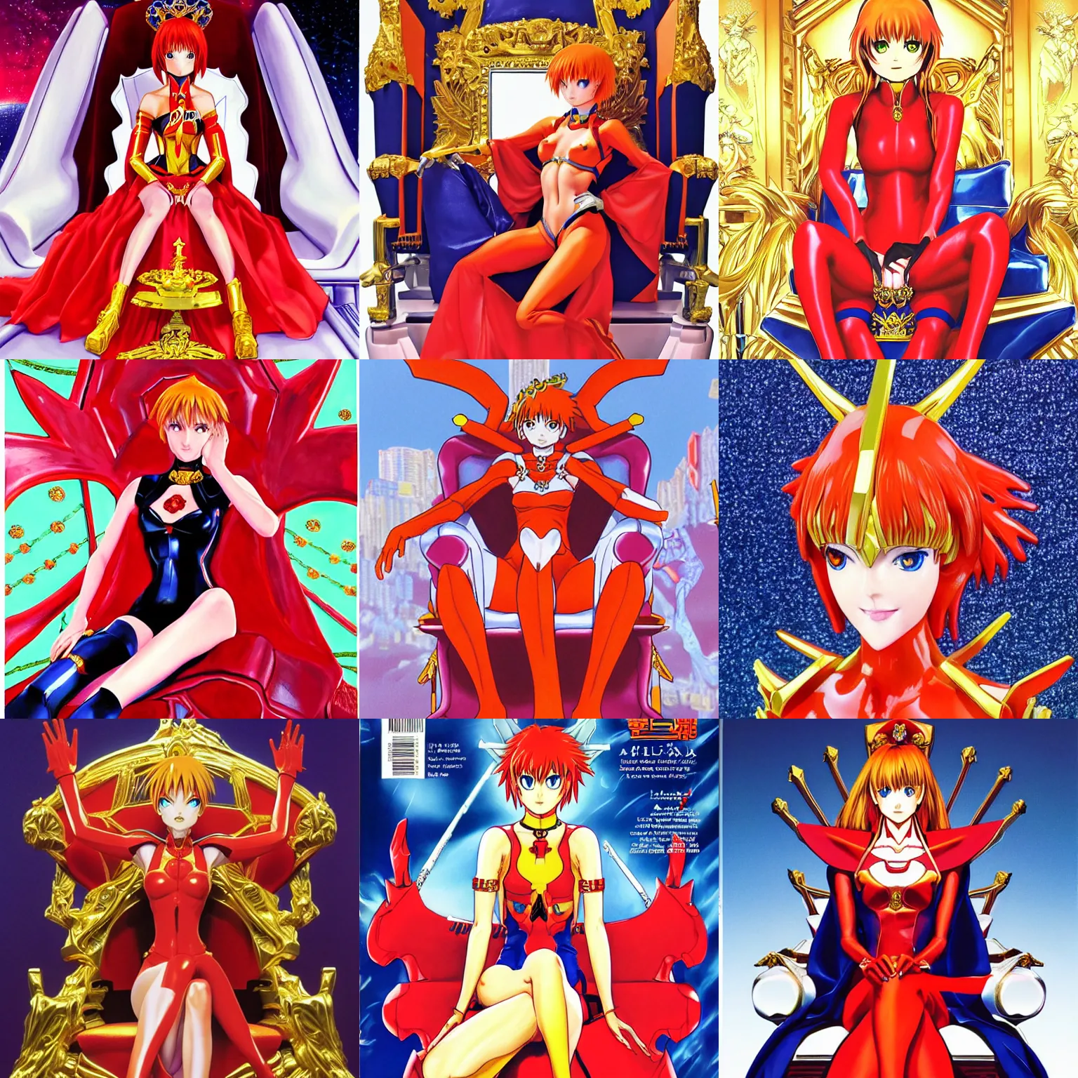 Prompt: regal Asuka Langley Sohryu from neon genesis evangelion sitting on queens throne royalty wearing royal mantle gold jewelry by alex ross