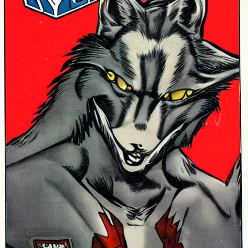 Image similar to 1 9 8 0 s comic book cover scan featuring a portrait of villain male wolf o'donnell anthropomorphic wolf furry fursona from starfox wearing a dark space mercenary uniform, dark grey wolf, handsome eyes, wolf o'donnell