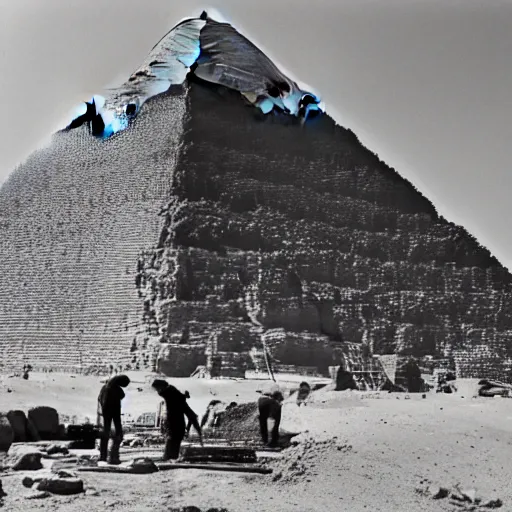 Image similar to a photograph of the great pyramid of giza at the early stages of construction with scaffolding and workers, dslr high resolution