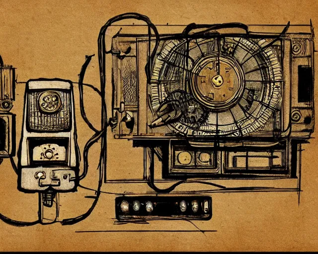 Prompt: steampunk mechanical electrical television set sketch with detailed notes by leonardo da vinci