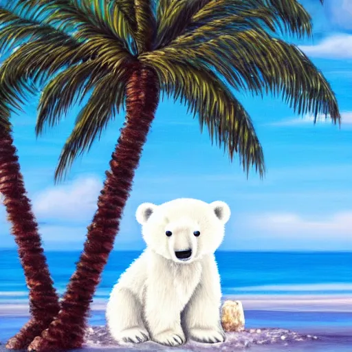 Prompt: cute fluffy white polar bear cub on beach landscape with palm trees detailed painting 4k