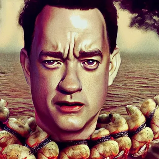 Image similar to a giant shrimp around the neck of tom hanks as forrest gump, photorealistic, cgsociety, artstation