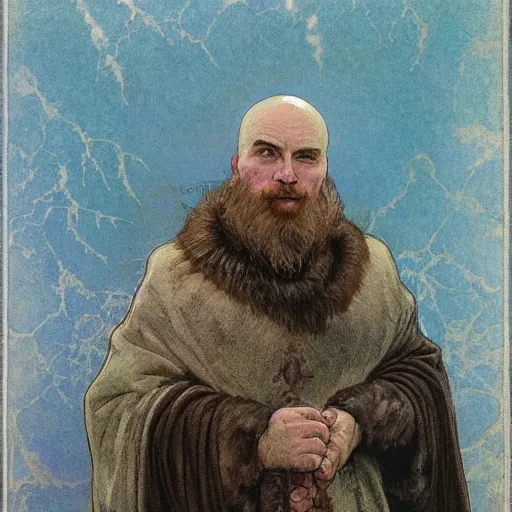 Image similar to portrait of bald, middle-aged Slavic Viking priest wearing thick fur collar and vestments, and standing tall in the blizzard, with fading blue woad tattoos on forehead, head, and cheeks, portrait by Anato Finnstark, Alphonse Mucha, and Greg Rutkowski