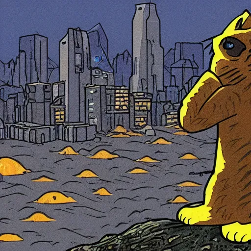 Image similar to a cat is sitting on a rock and looks at a total fallout city, while it is radioactive raining and a wild ghoul is coming nearby