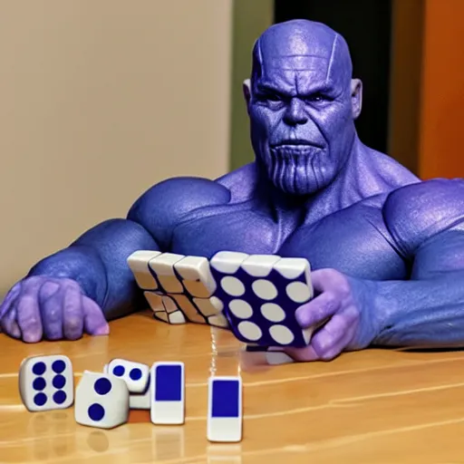 Prompt: photo of thanos playing with dominos