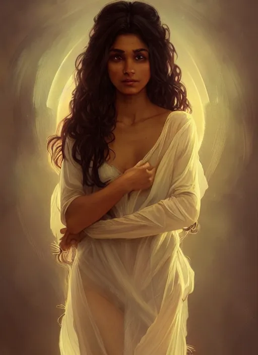 Image similar to cute brown woman wearing a transparent night gown, fantasy, intricate, highly detailed, digital painting, artstation, concept art, wallpaper, smooth, sharp focus, illustration, art by artgerm and greg rutkowski and alphonse mucha