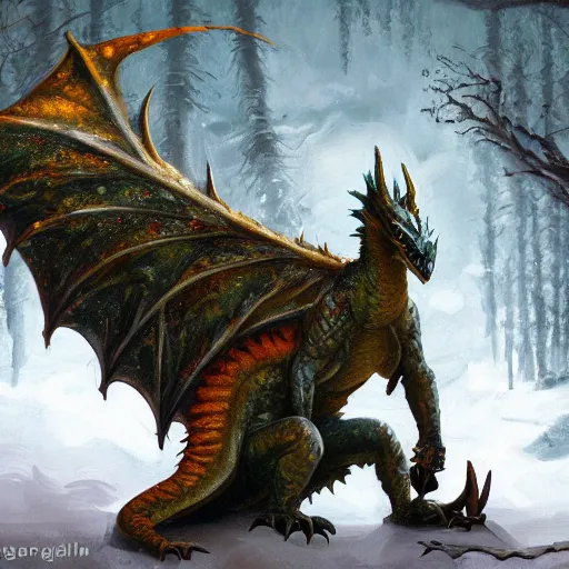 Image similar to oil painting of cute dragon in cold forest, dnd character, background focus, fantasy, lizard legs, magic, realistic textured skin, big lizard head, eagle feather, eagle wings, glowing eyes, clear clean, artgem, boris valejo, goro fujita, frank frazetta, trending on artstation, digital painting, beautiful, very detailed, pixar