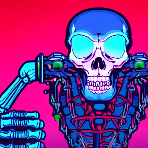 Prompt: a skeleton playing video games, it is visibly angry at the screen, vivid, detailed, outrun, synthwave, vaporwave