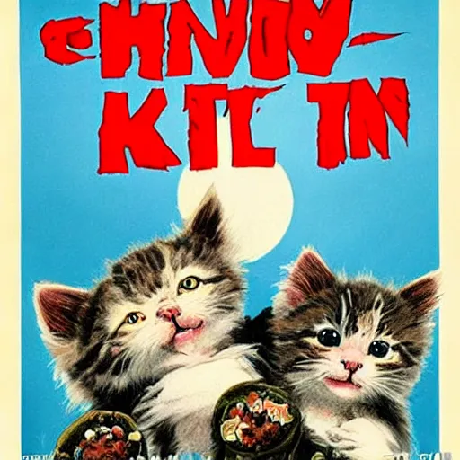 Prompt: Horror movie poster about evil kittens attacking a small town, by Graham Humphreys, movie poster, horror