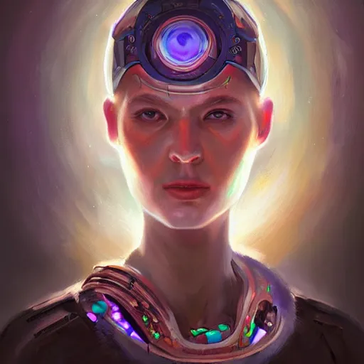 Image similar to portrait of a future metaverse cyborg tech shaman warrior by Mandy Jurgens, cartoon, oil painting , visionary art, symmetric, Magick symbols, holy halo, shipi bo patterns, sci-fi