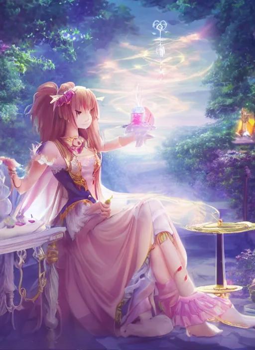 Prompt: a pleasant, beautiful, funny, smooth 3D CG render, semirealistic anime style, a noblepriestess magician girl wearing dress and jewelry, in a glorious magic kingdom, relaxing calm vibes, fairytale