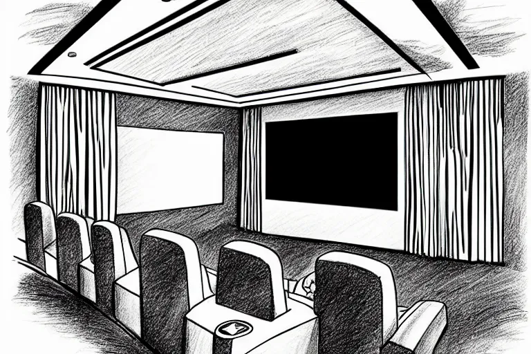 Image similar to a modern home movie theater, sleek, comfortable, stylish decor, popcorn machine, movie posters, designed by kelly wearstler, detailed rough color pencil sketch illustration