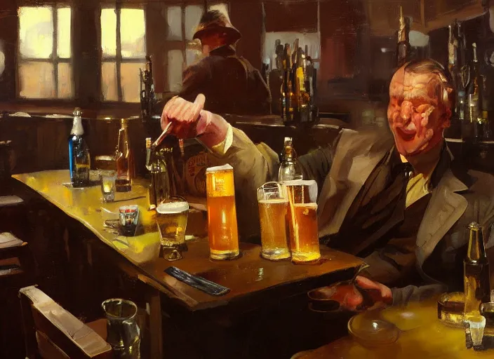 Image similar to greg manchess still life painting of a delicious mug of beer in an empty dieselpunk bar, organic painting, matte painting, bold shapes, hard edges, street art, trending on artstation, by huang guangjian and gil elvgren and sachin teng