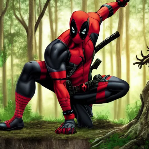 Image similar to deadpool and venom in the woods playing digital art 4 k detailed